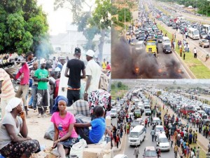 Left: Residents after demolition at Lungu Village. Right: Protesters on the highway and gridlock along Kubwa expressway in Abuja, yesterday