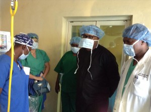 The former Gov. Of Anambra State, Mr. Peter Obi ( in black), with the Anambra born USA Cardiologist, Dr. Joseph Nwiloh( on his left), who led other doctors from the USA and Nigeria to perform the first heart Surgery in Anambra State at St. Joseph Hospital, Adazi- Nnukwu, which Obi built when he was the Governor