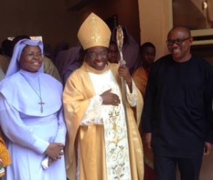 The Auxiliary Bishop of Onitsha Archdiocese, His Lordship, Most Rev. Dr. Dennis Isizor( middle), with the former Governor of Anambra State, Mr. Peter Obi ( right) and the Superior General of the congregation of Immaculate Heart of Mary's Sisters, Mother Mary Claude Oguh(left) during the blessing and dedication of the congregation's Mater Christus Old people's home at Nkpor Photo Credit: FB