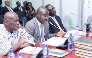 Prof. Alex Dodoo (middle), Executive Director, Ghana Standards Authority (GSA), answering questions at the Public Accounts Committee. With him is Mr Dewarnoba Baeka (left), Chief Director, Ministry of Trade and Industry.