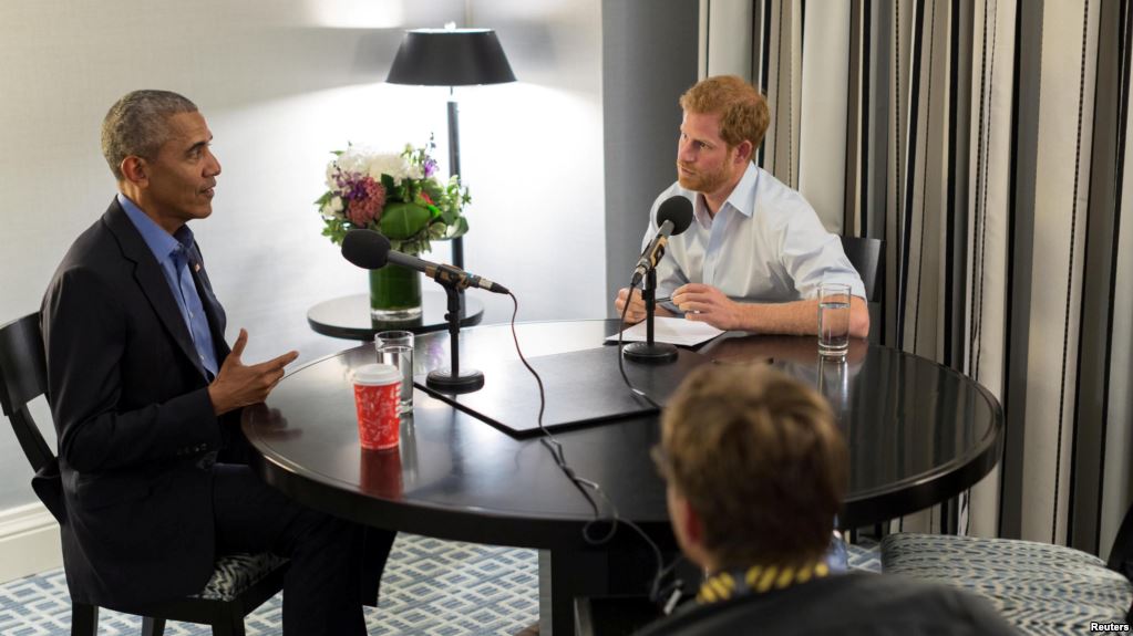 Britain's Prince Harry interviews former U.S. President Barack Obama as part of his guest editorship of BBC Radio 4's Today programme which is to be broadcast on Dec. 27, 2017. (Obama Foundation/BBC/Handout via REUTERS)